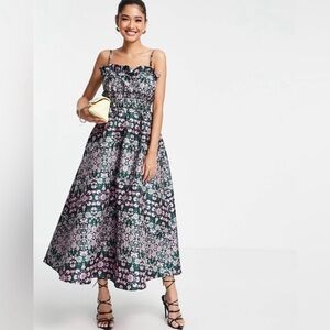 ASOS EDITION Green Pink Floral Jacquard Midi Dress US 14 UK 18 Empire Waist Cami
